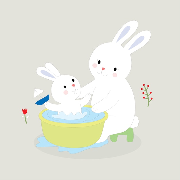 Dessin Anime Mignon Maman Et Bebe Lapins Douche Vecteur Premium