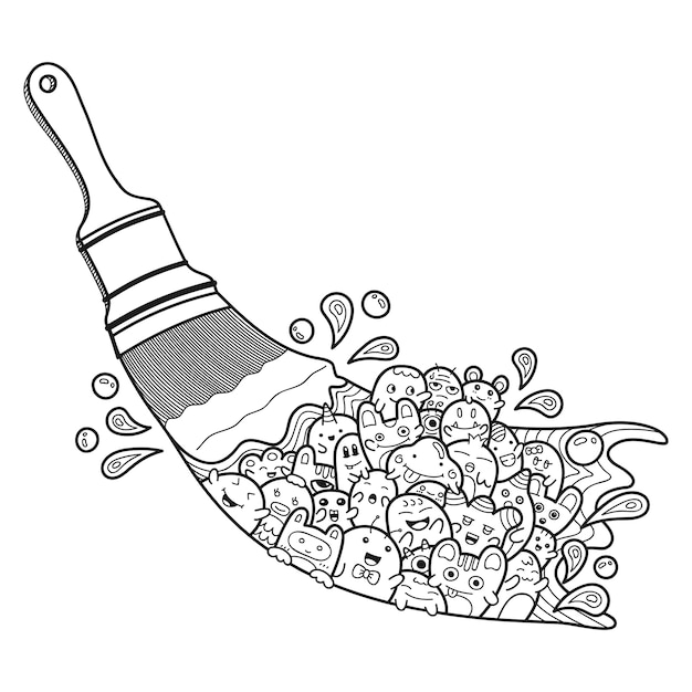 Dessin animé mignon de monstres qui explose de la zone de peinture du style doodles dessinés à la main de pinceau. Vecteur Premium