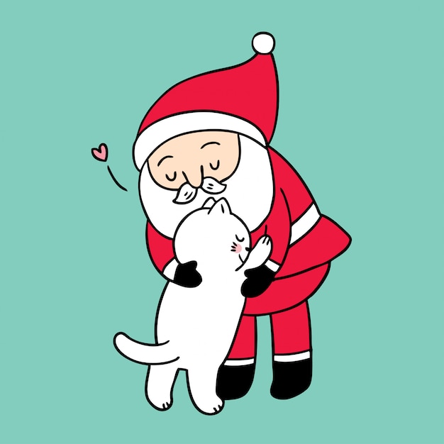 Dessin Animé Mignon Noël étreignant Le Chat Du Père Noël ...