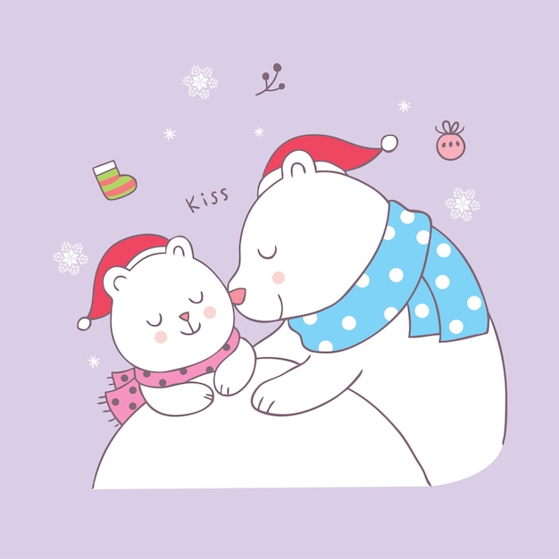 Dessin Anime Mignon Noel Maman Et Bebe Ours Polaire Vecteur De Baiser Vecteur Premium