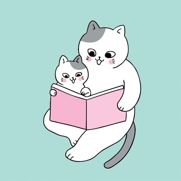 Dessin Anime Mignon Papa Et Bebe Chat Lecture Livre Vecteur Vecteur Premium