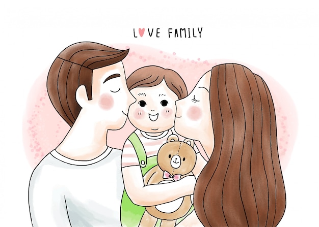 Dessin Anime Mignon Pere Et Mere Embrassent Et Embrassent Notre Bebe Et Ours Poupee Vecteur Premium