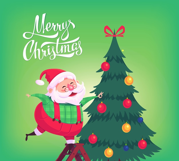 Dessin Anime Mignon Pere Noel Decorant L Arbre De Noel Illustration De Joyeux Noel Carte De Voeux Poster Vecteur Premium