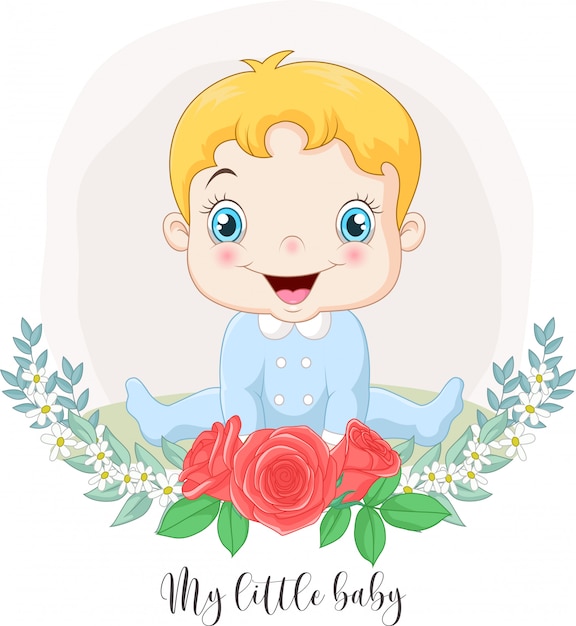 Dessin Anime Mignon Petit Bebe Garcon Avec Fond De Fleurs Vecteur Premium