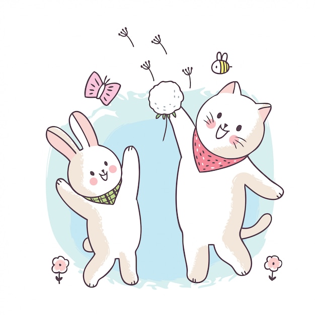 Dessin Anime Mignon Printemps Chat Et Lapin Jouant Fower Vecteur Premium