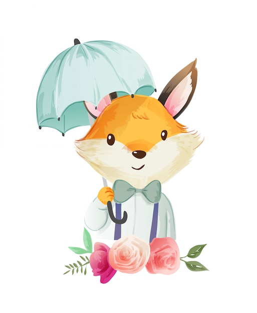 Dessin Animé Mignon Renard Tenant Illustration Parapluie ...