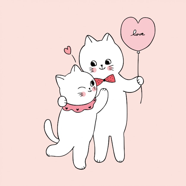 Dessin Anime Mignon Saint Valentin Amoureux Des Chats Blancs Etreignant Vecteur Premium