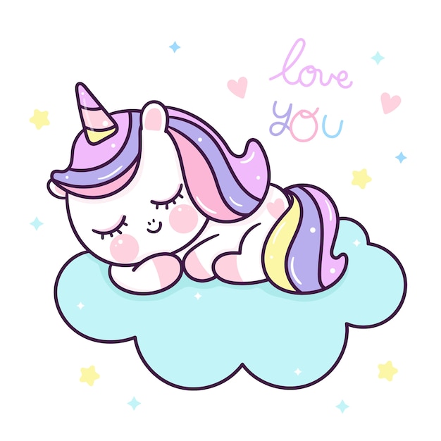 Dessin Anime Mignon Sommeil Licorne Sur Nuage Doux Reve Kawaii Dessine A La Main Vecteur Premium