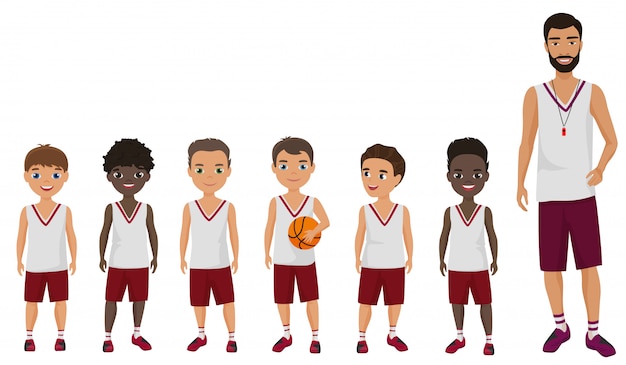 Dessin Animé Plat école Garçons Basket-ball Enfants équipe Debout Avec Leur Entraîneur ...