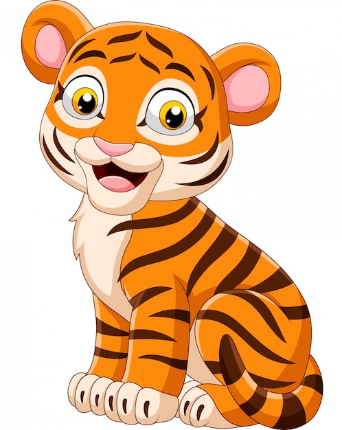 Dessin Anime Souriant Bebe Tigre Assis Vecteur Premium