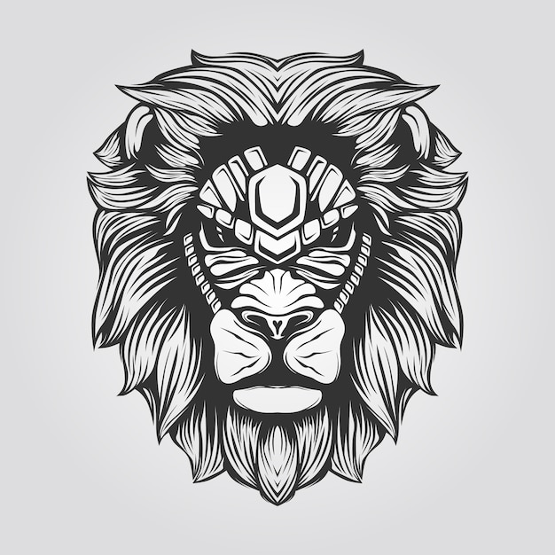 Dessin Au Trait Noir Et Blanc De Tete De Lion Vecteur Premium