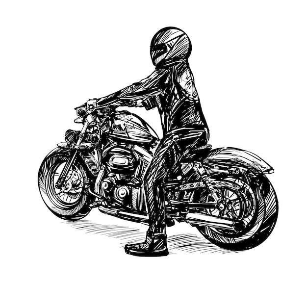 Dessin D Un Homme En Noir Equitation Moto Classique Vecteur Premium