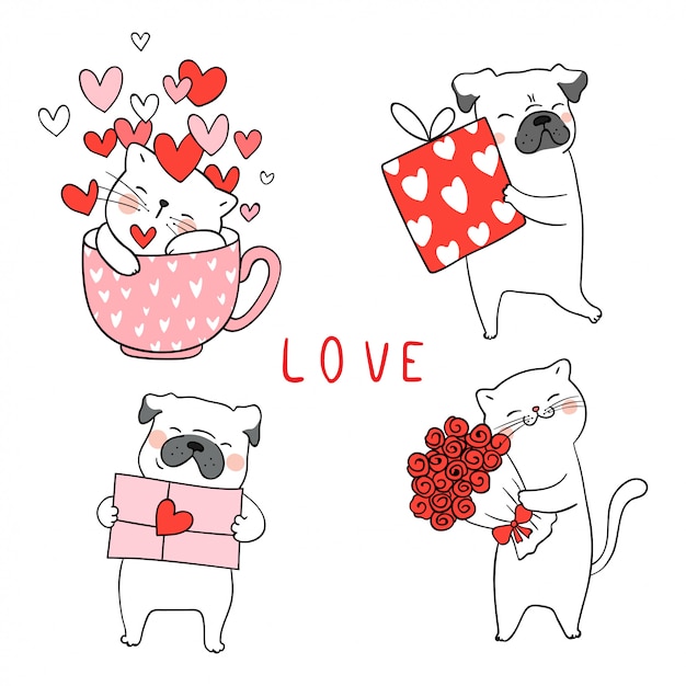 Dessine Un Chat Et Un Chien Avec Un Petit Coeur Pour Valentin Vecteur Premium