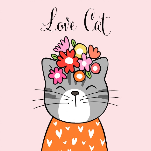 Dessine Un Chat Mignon Avec Une Fleur Sur La Tête Et Un Mot