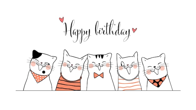 Dessiner Des Bannieres Mignons De Chats Pour L Anniversaire Doodle Style Vecteur Premium