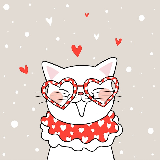 Dessiner Un Chat Blanc Avec Des Lunettes De Coeur Pour Valentine Vecteur Premium