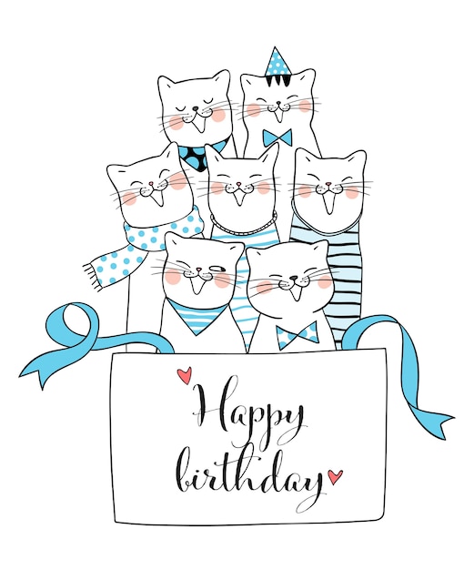 Dessiner Le Chat Dans Un Coffret Cadeau Et Un Mot Joyeux Anniversaire Style Doodle Vecteur Premium