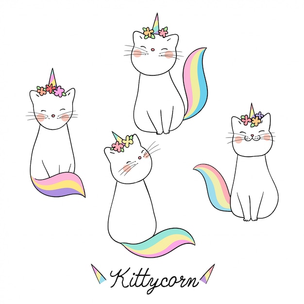 Dessiner Un Chat Avec Une Fleur Sur La Tete Et Un Mot Licorne Pour Chat Vecteur Premium