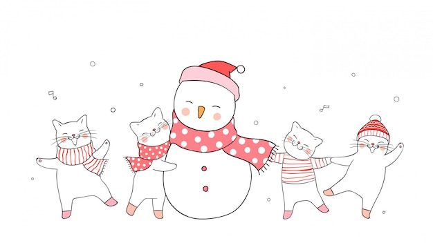 Dessiner Un Chat Mignon Et Bonhomme De Neige Sur Le Concept