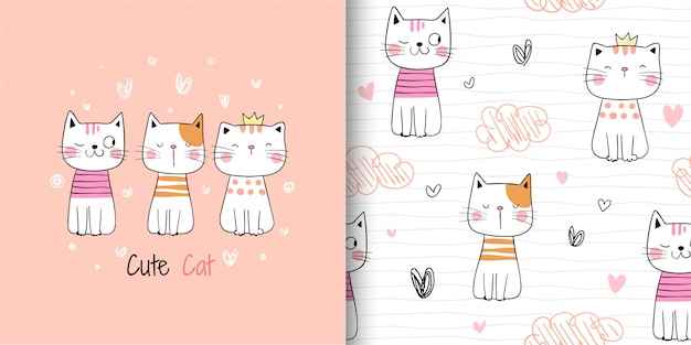 Dessiner Un Chat Mignon De Modele Sans Couture Sur Blanc Vecteur Premium