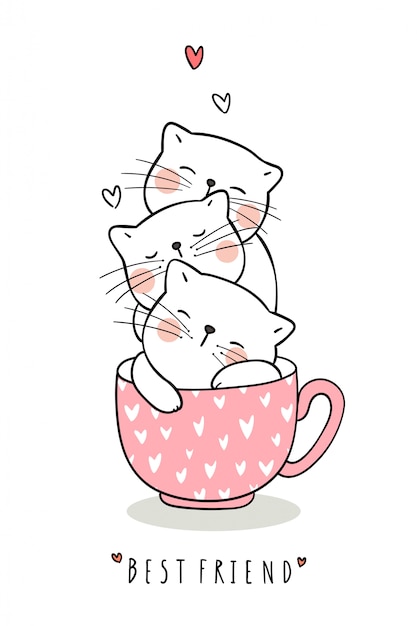 Dessinez Adorable Chat Dormir Dans Une Tasse De Thé Pastel Rose