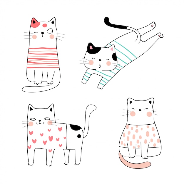 Dessinez la collection chat mignon de couleur douce. Vecteur Premium