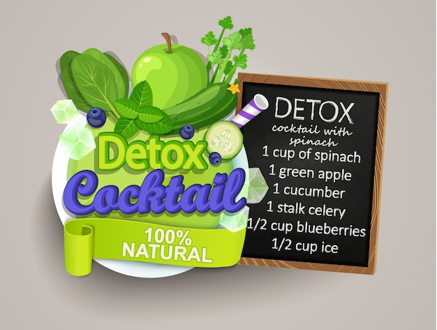 Detox cocktail avec recette. Vecteur Premium