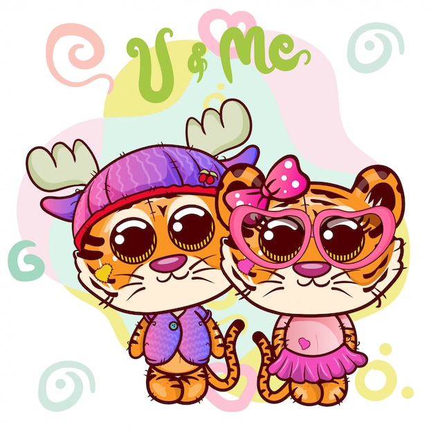 Deux garçon de dessin animé mignon tigre et fille - vecteur Vecteur Premium