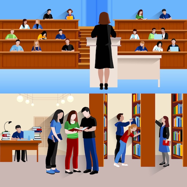 Deux, horizontal, fond, à, étudiants, à, université, écoute, conférencier, et, préparer, examens, isolé, illustration vectorielle Vecteur gratuit