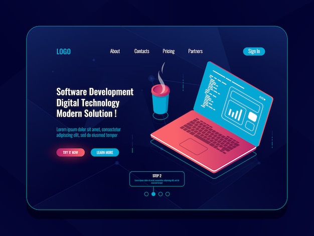 Développement logiciel isométrique, programmation et écriture de code, ordinateur portable avec tasse à café, analyse de données Vecteur gratuit