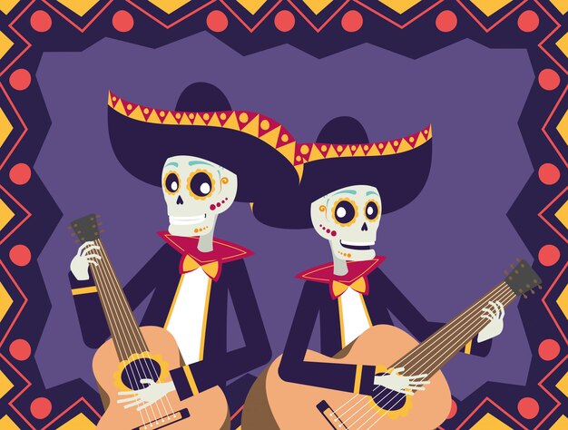 Dia de los muertos carte avec des crânes de mariachis jouant de la guitare Vecteur Premium