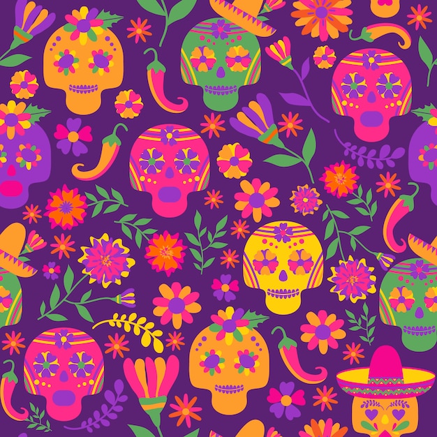 Dia de los muertos modèle vectorielle continue. les principaux symboles de la fête dans l'obscurité Vecteur Premium
