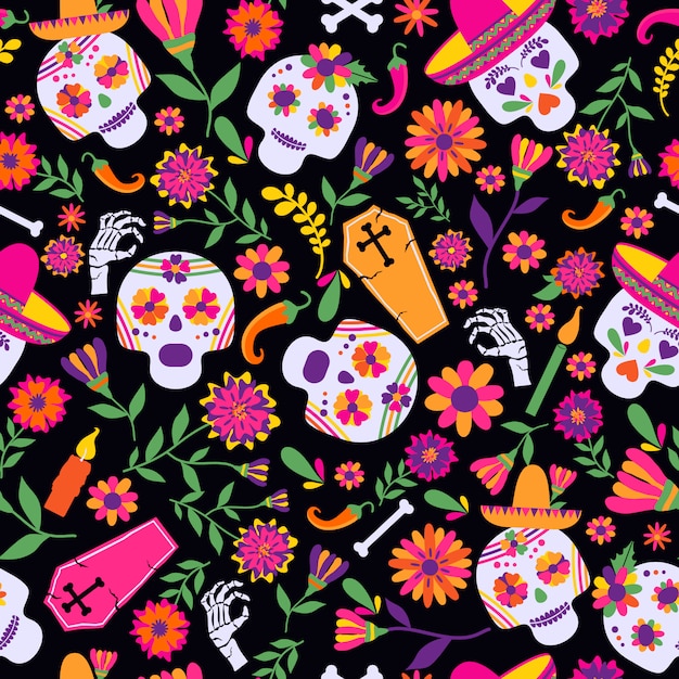 Dia de los muertos modèle vectorielle continue. les principaux symboles de la fête dans l'obscurité Vecteur Premium