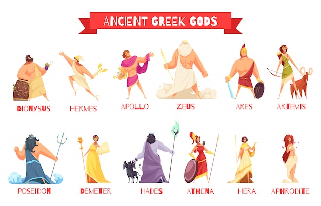 Dieux Grecs Antiques 2 Personnages De Dessins Animes Horizontaux Avec Dionysos Zeus Poseidon Aphrodite Apollo Athena Vecteur Gratuite