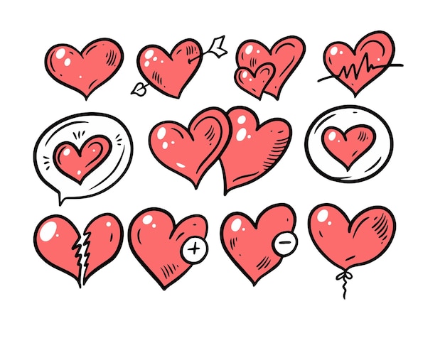 Differents Ensemble De Coeur Saint Valentin Main Dessiner Le Style De Doodle Vecteur Premium