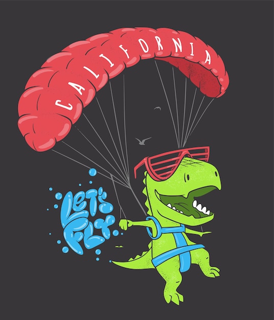 Dinosaure Drole Avec Parapente Conception D Impression De Chemise De Vecteur Vecteur Premium