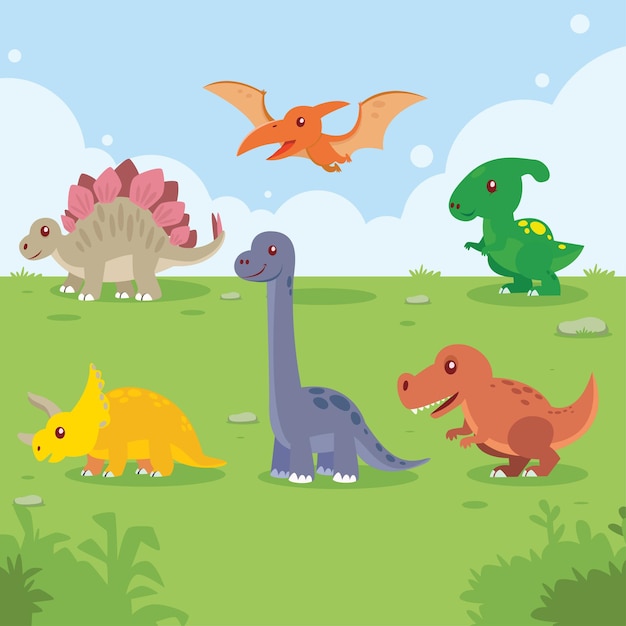 Dinosaures Mis En Dessin Anime Bebe Mignon Colore Pour Une Chambre D Enfants Vecteur Premium