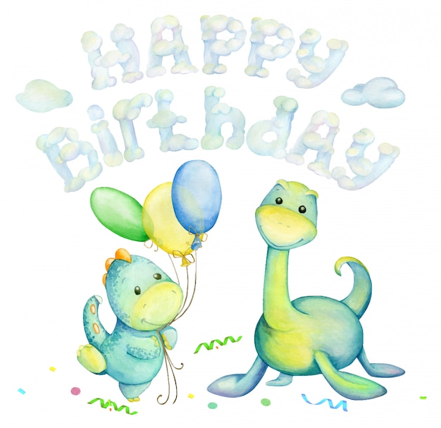 Les Dinosaures Sont Verts Ballons Nuages Texte Joyeux Anniversaire Aquarelle Vecteur Premium