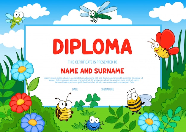 Diplome D Education Certificat De Maternelle Insectes Vecteur Premium