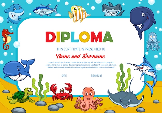 Diplome D Enfants Avec Des Animaux Marins Sous Marins Ecole D Education Ou Modele De Certificat De Maternelle Crabe Baleine Et Marlin Avec Thon Et Marteau Frontiere De Recompense Enfant Poulpe Et Hippocampe Vecteur