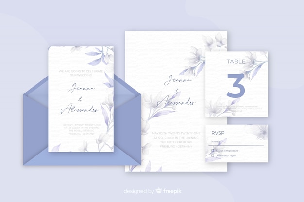 Divers articles de papeterie pour des invitations de mariage bleues nuances Vecteur gratuit