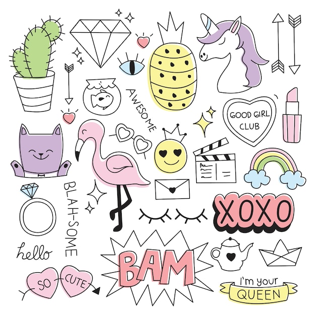 Diverses choses mignonnes dans l'illustration vectorielle de style doodle Vecteur Premium