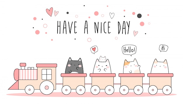 Doodle Dessin Animé Mignon De Chat Rose Chaton Train Train D