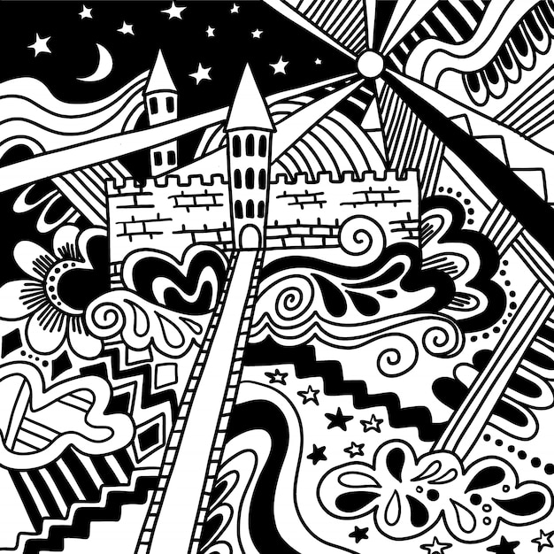 Doodle Sketch Château Magique Dessin En Noir Et Blanc