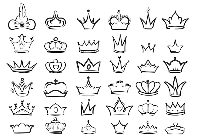 Doodles De La Couronne Ensemble De Croquis Majestueux De Symboles Royaux Du Roi Imperial Diademe Illustration Dessin Couronne Roi Ou Reine Majestueux Symbole Du Monarque Vecteur Premium