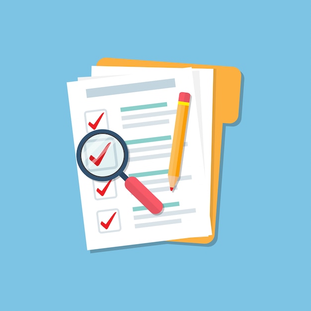 Dossier avec liste de contrôle des documents, loupe de verre et de crayon dans un design plat. concept d'audit Vecteur Premium