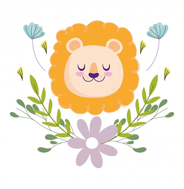 Douche De Bebe Dessin Anime Mignon De Decoration De Feuillage De Fleurs De Tete De Lion Carte D Invitation A Theme Vecteur Premium