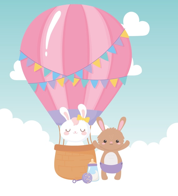 Douche De Bebe Lapins Mignons Dans Le Dessin Anime De Ballon A Air Celebration Bienvenue Nouveau Ne Vecteur Premium