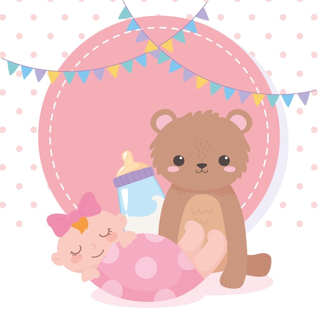 Douche De Bebe Ours En Peluche Petite Fille Et Lait De Bouteille Celebration Bienvenue Nouveau Ne Vecteur Premium