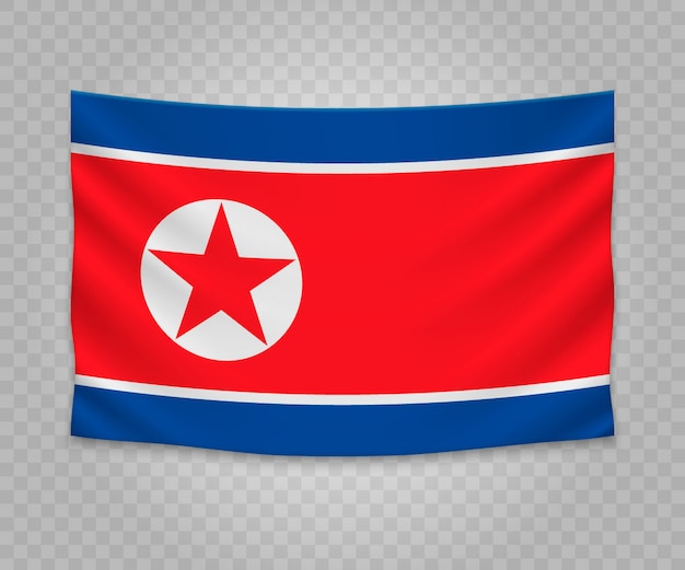 Drapeau suspendu réaliste de la corée du nord Vecteur Premium